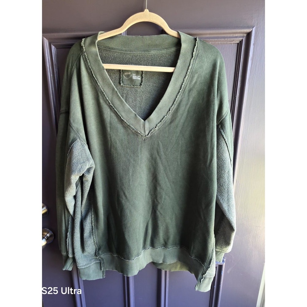 Aerie Oversized Relaxed V-Neck Sweatshirt Green Raw Edge Seam M  Terry Cloth